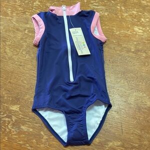 Girls Navy and Pink Zip-Up Swimsuit